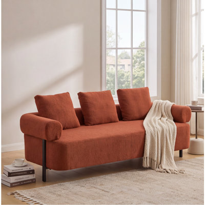 78-Inch Modern 3-Seater Sofa, Orange Boucle Upholstery, Oversized Couch with 3 Plush Pillows, Solid Wood Frame and Steel Legs for Living Room, Bedroom, Apartment
