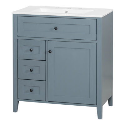 Meuble-lavabo 30 po avec lavabo, panneau de fibres à densité moyenne moderne et bois d'hévéa avec 3 tiroirs et tablette réglable, meuble-lavabo autoportant pour le rangement et l'organisation de la salle de bain