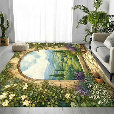 Tapis rétro de style toscan avec arche de jardin rétro, motif floral rétro, doux et durable, tapis antidérapant lavable à la machine, décoration intérieure artistique élégante pour le salon, la chambre à coucher, le balcon, l’appartement