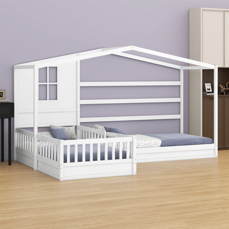 Wood House Bed , 2 Solid Bed L Structure With Fence And Slatted Frame, White