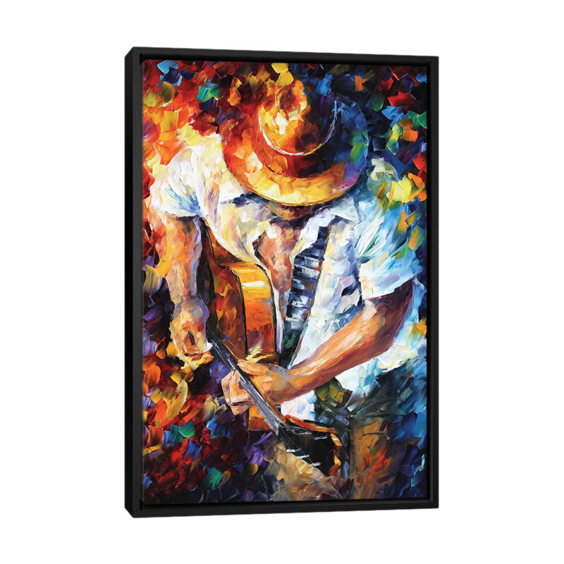 «Guitare et âme» par Leonid Afremov - Estampe numérique sur toile tendue avec châssis, H 26 po x l 18 po x p 1,5 po, Black