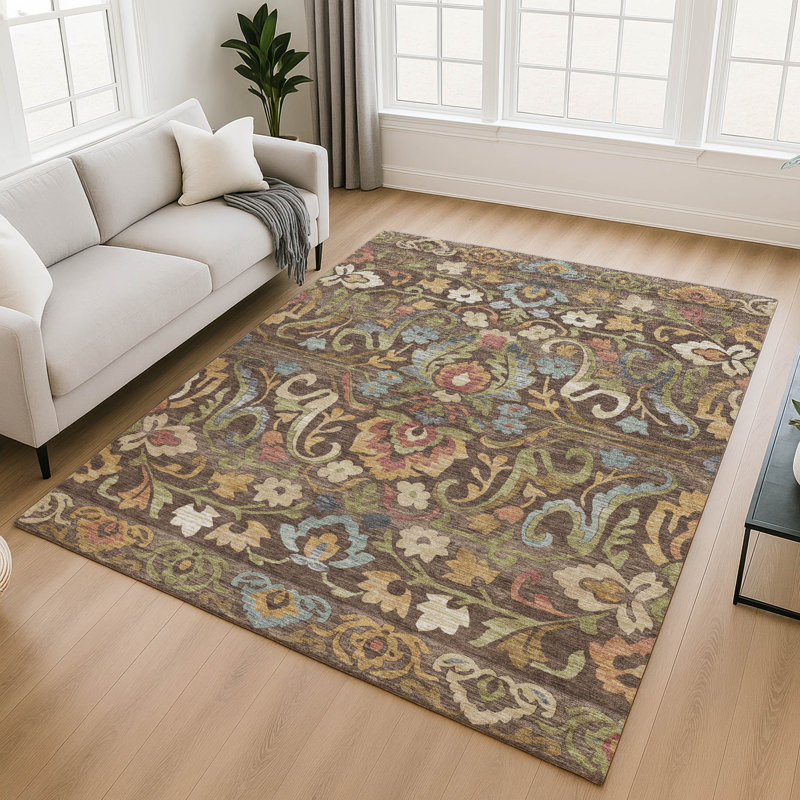 Premium Machine Washable Mayfield AMF2193 floral Rug, 10' x 14', Chocolate