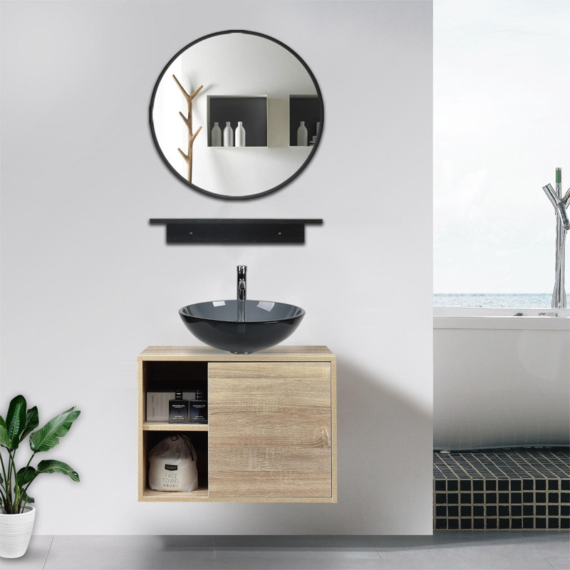 Meuble-lavabo simple mural 23,6 po avec plateau en résine et miroir avec lavabo, Gris