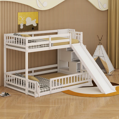 Twin Over Full Solid Pine Wood Bunk Bed – Slide, Storage Staircase & Safety Guardrails