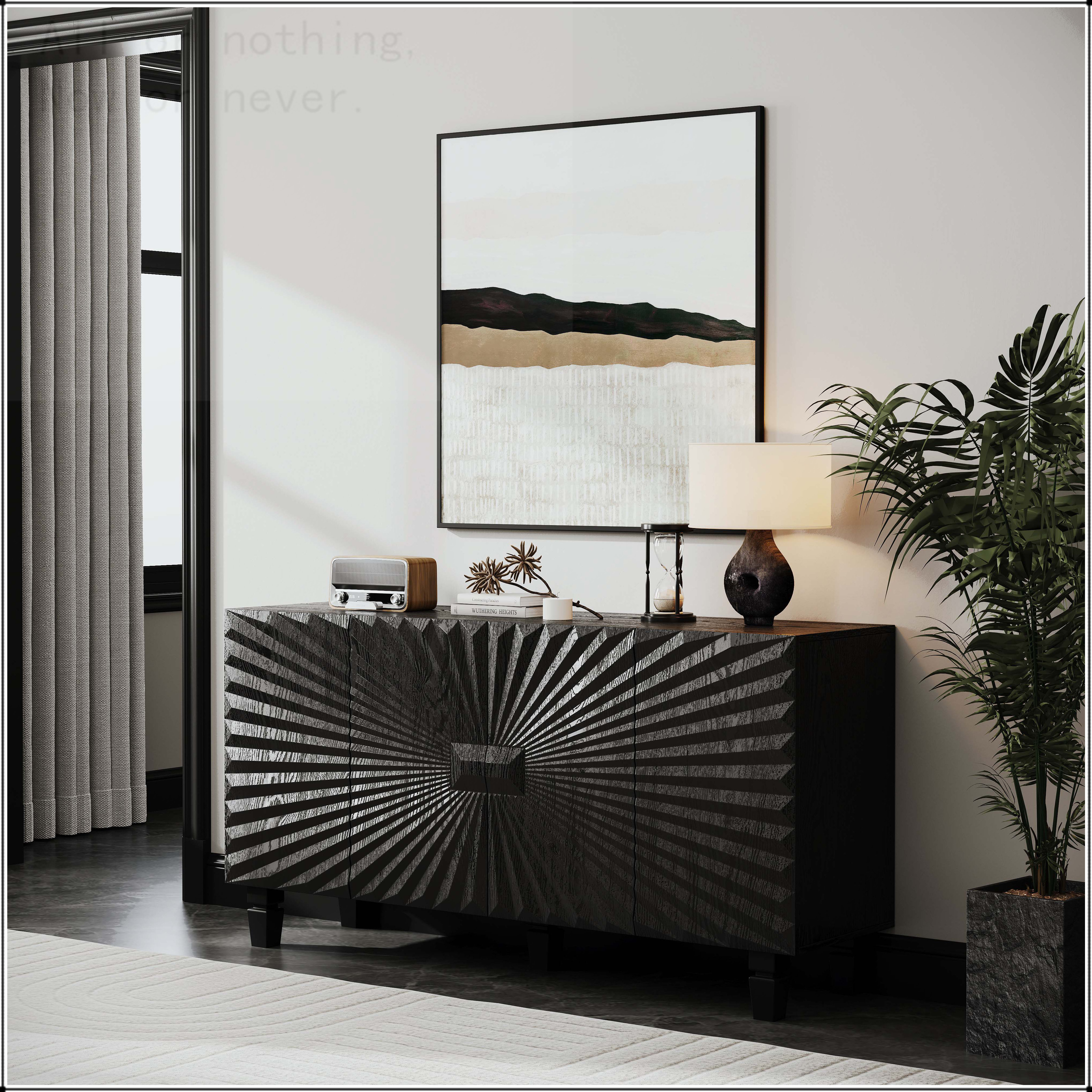 Ebern Designs Buffet Sideboard with Sunburst Doors and Solid Wood Legs ...