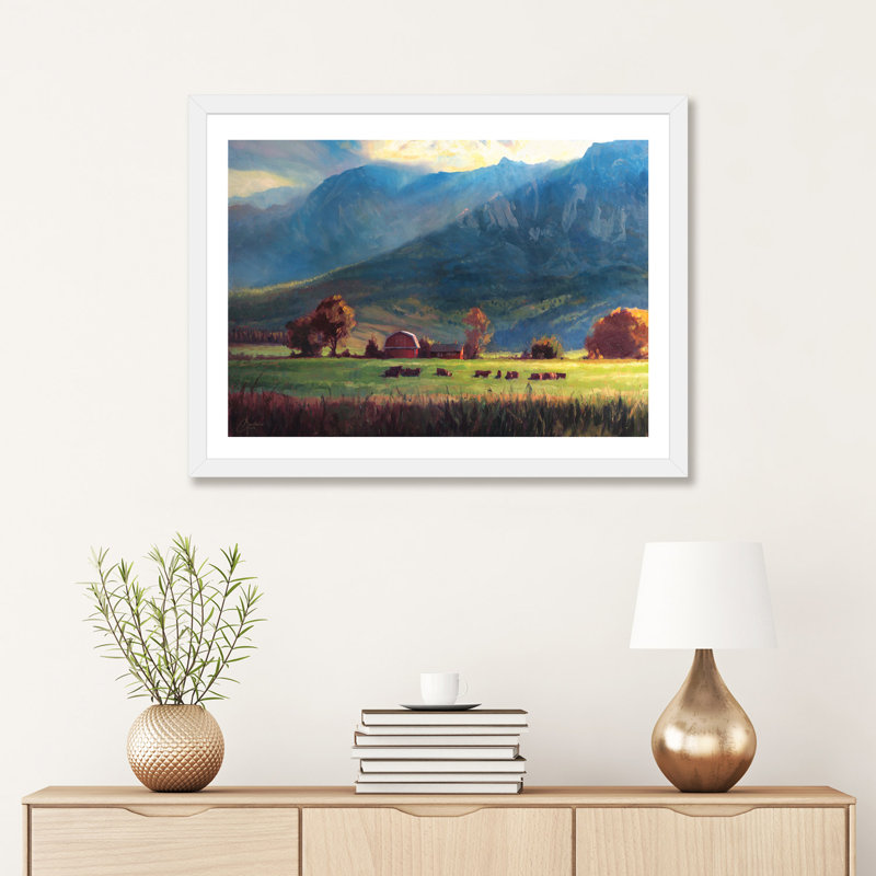 «Rocky Mountain Farm» par Christopher Clark, reproduction d'art, H 24 po x l 32 po x P 1 po, Papier encadré blanc