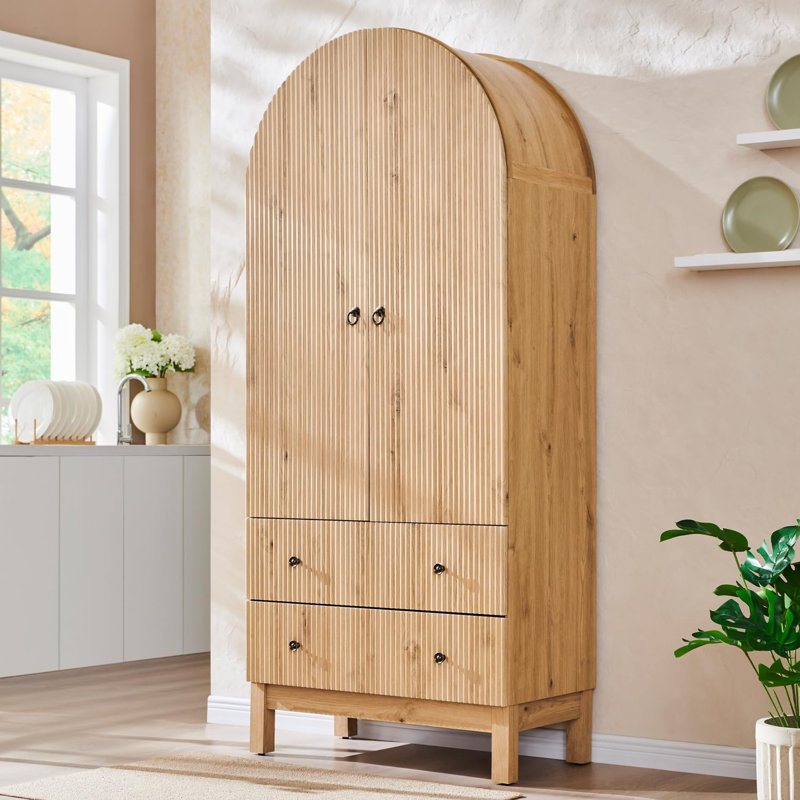 71" Tall Arched Pantry Cabinet, Fluted Kitchen Storage Cabinet with Adjustable Shelves and 2 Large Drawers, Natural