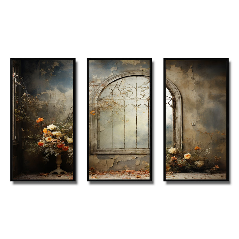 Haunt Floral Gothic Windows I - Floral Wall Art mural, H 40 po x l 60 po, Cadre flottant noir