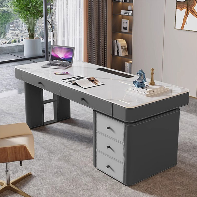 Bureau d'écriture avec tiroirs gris + noir fritté + bois manufacturé + acier inoxydable, White/Gray/Black