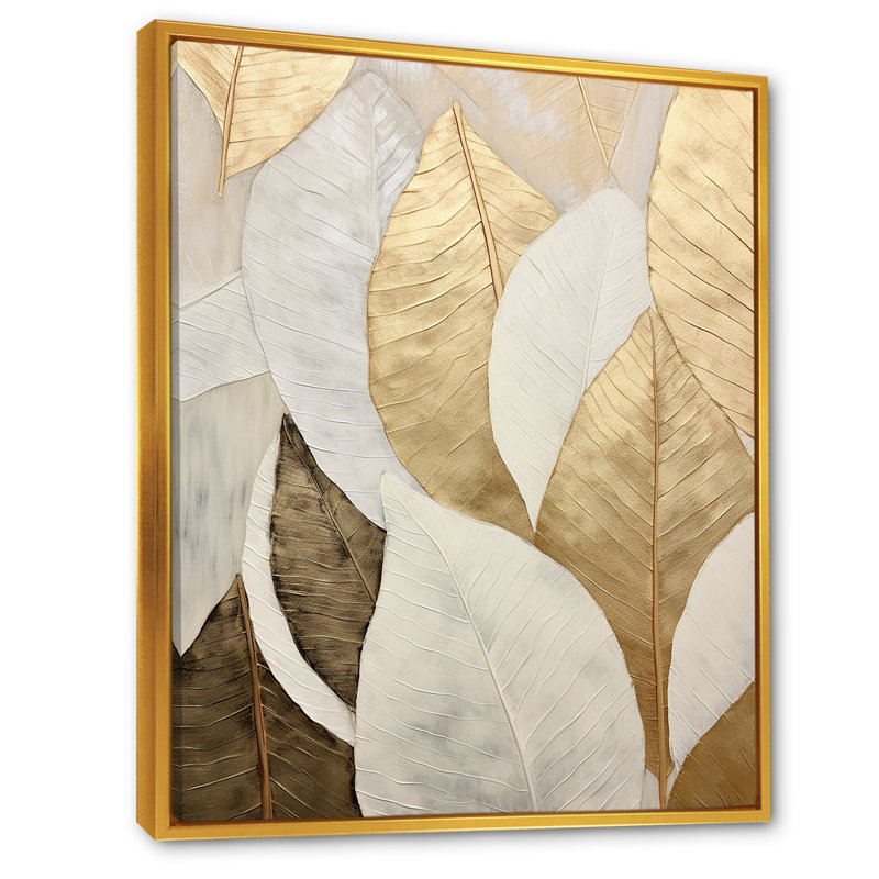 «Gold Minimalisme Leaves Collage III - Leaves», reproduction d'art sur toile encadrée, Cadre flottant doré