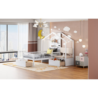 White Twin House Bed With Upholstered , Charging Option, Wireless Charging, Shelves, 2 Drawers For Space Coherence Function, Two Drawers, Robustness