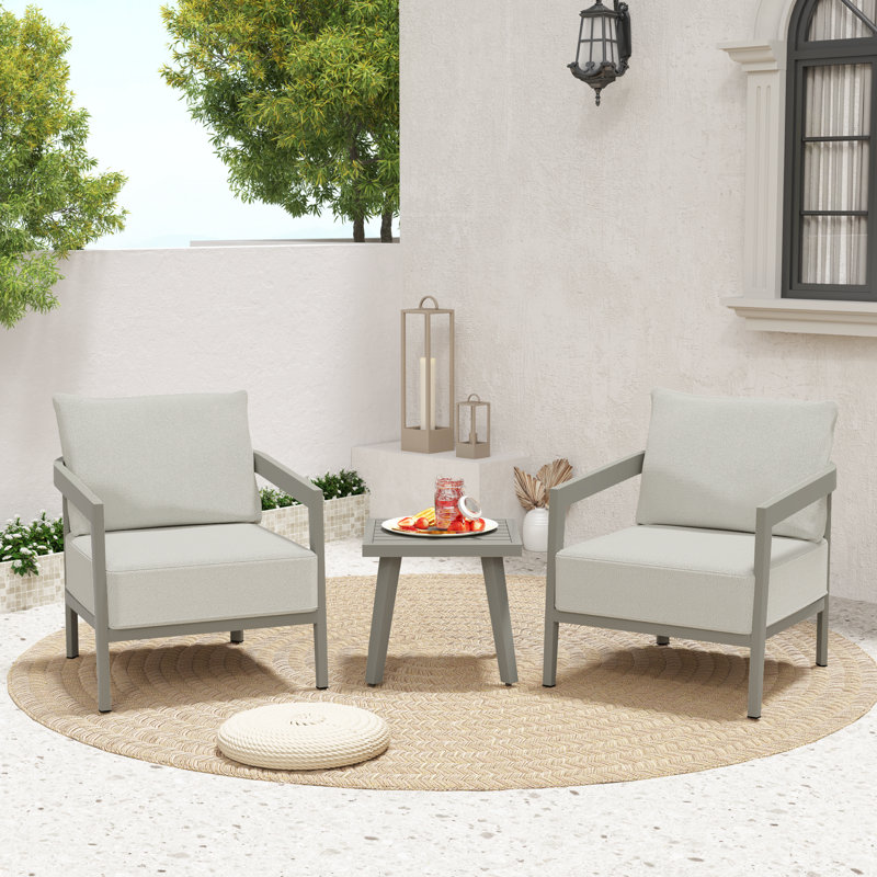 Trombley 3-Piece Aluminum Patio Conversation Set With Gray Cushions