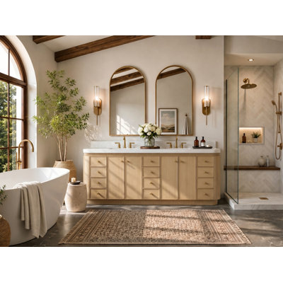 Aston 84" Bath Vanity Set in American Oak Finish with Alpine White Quartz Top