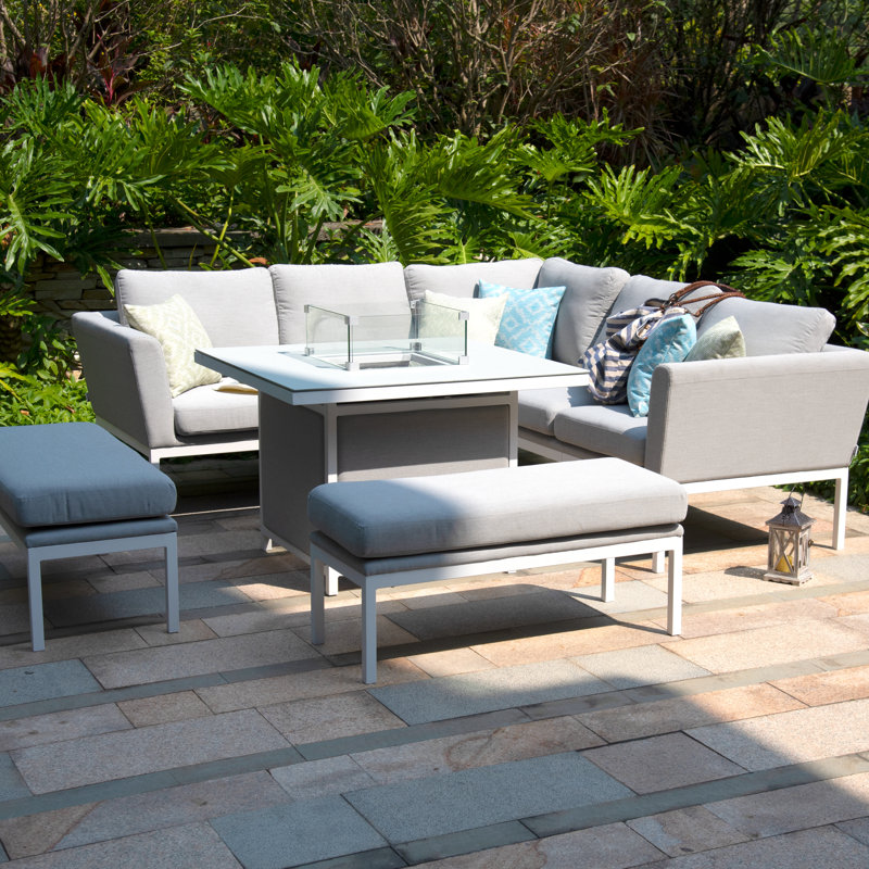 Zuehlke Outdoor Fabric Square Corner Dining Set - with Fire pit Table, Light Grey/White
