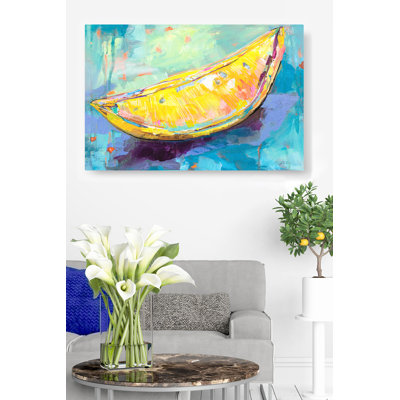 lemon Wedge, Slice, Designer, Brush Strokes, Print Of Painting, Fruit, Yellow, Green, Blue, Purple, Colorful, Cyan, Teal