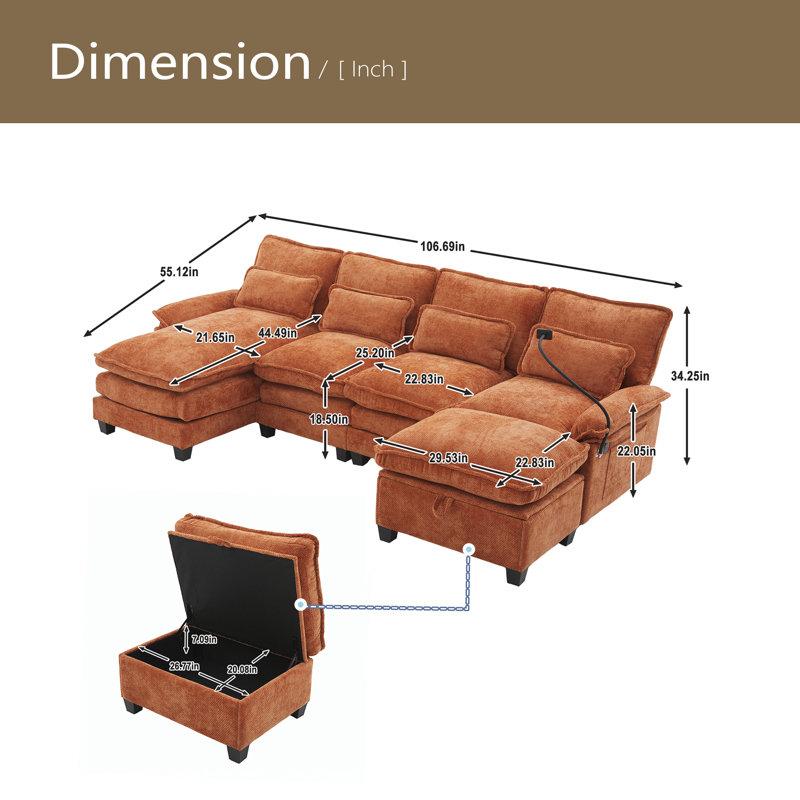 106" U Shape Sectional Sofa Cloud Couch For Living Room, Upholstery Comfy Modular Sofas, 4 Seat Chenille U-Shaped Sleeper Sofa With Chaise Lounge