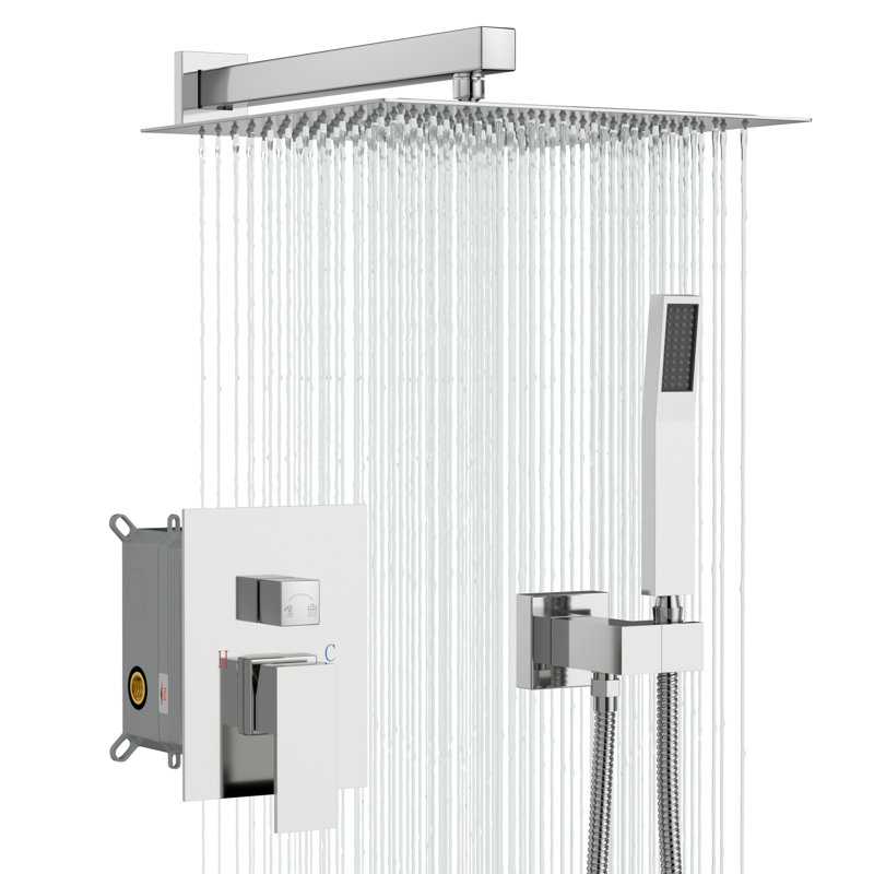 12" Wall Mounted Pressure Balanced Rain Shower System with Handheld Spray, Chrome Polish