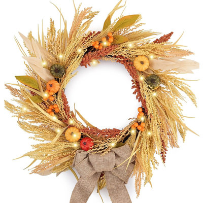 Couronne lumineuse d'automne pour porte d'entrée avec nœud en toile de jute, citrouille et accents de blé, couronne rustique de récolte d'automne pour l'Action de grâce, manteau de cheminée, porche et décoration intérieure