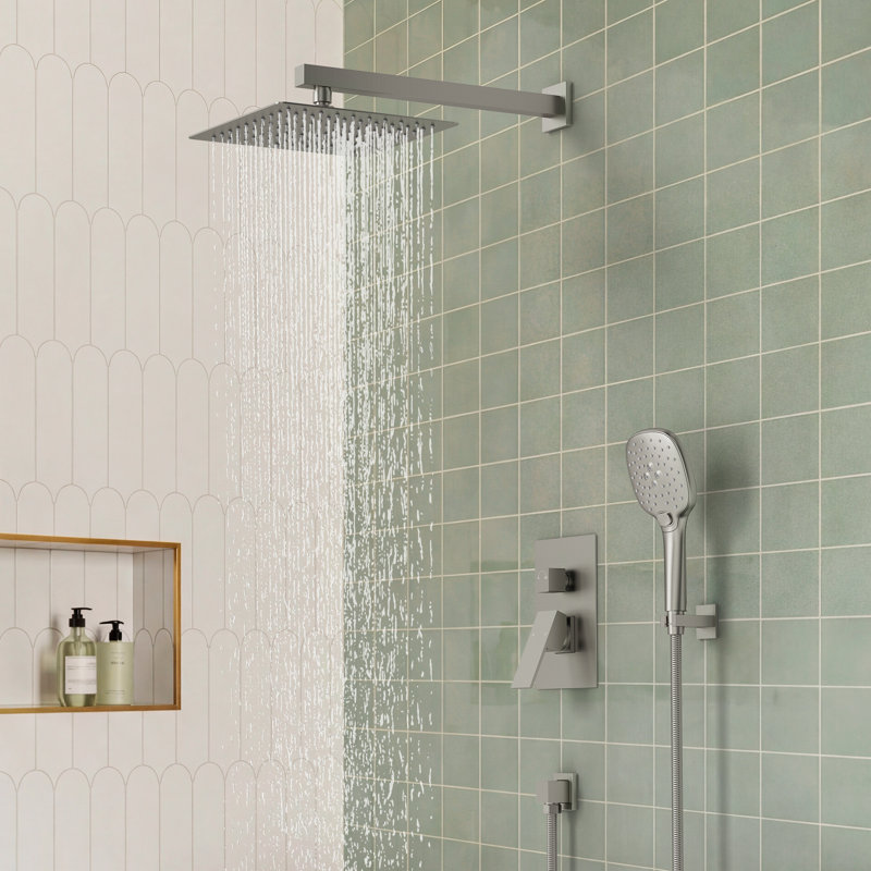 Système de douche à pression équilibrée, robinet de douche à pluie de 10 pouces avec valve brute, Nickel brossé, 2.5