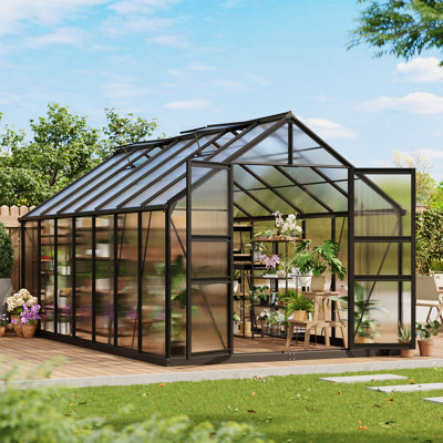 Serre toutes saisons en polycarbonate avec cadre en aluminium renforcé - Serre de jardin extérieure avec drainage et clous de sol, disponible en formats 6 x 6 pi / 8 x 6 pi / 10 x 6 pi / 14 x 8 pi / 16 x 8 pi