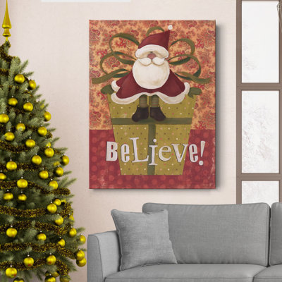 Père Noël sur toile tendue avec châssis de qualité supérieure - Prêt à accrocher Père Noël sur cadeau
