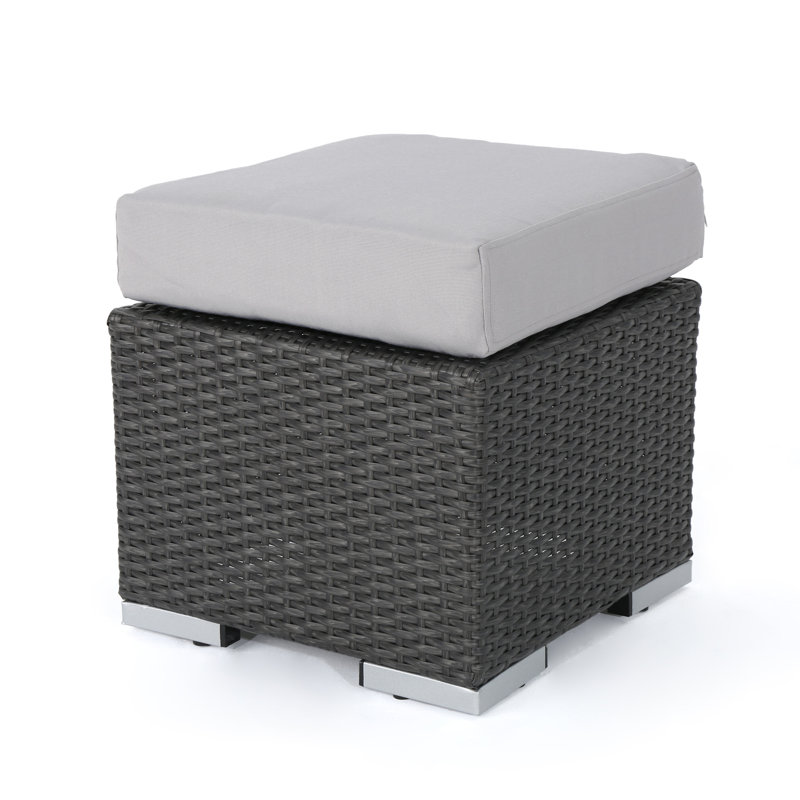 Jossif Resin (All Weather) Wicker/Rattan Outdoor Ottoman, Gray Frame/Silver Cushion