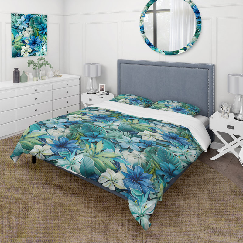 Literie à motif tropical bleu azur et vert, Housse de couette pour grand lit et 2 taies décor