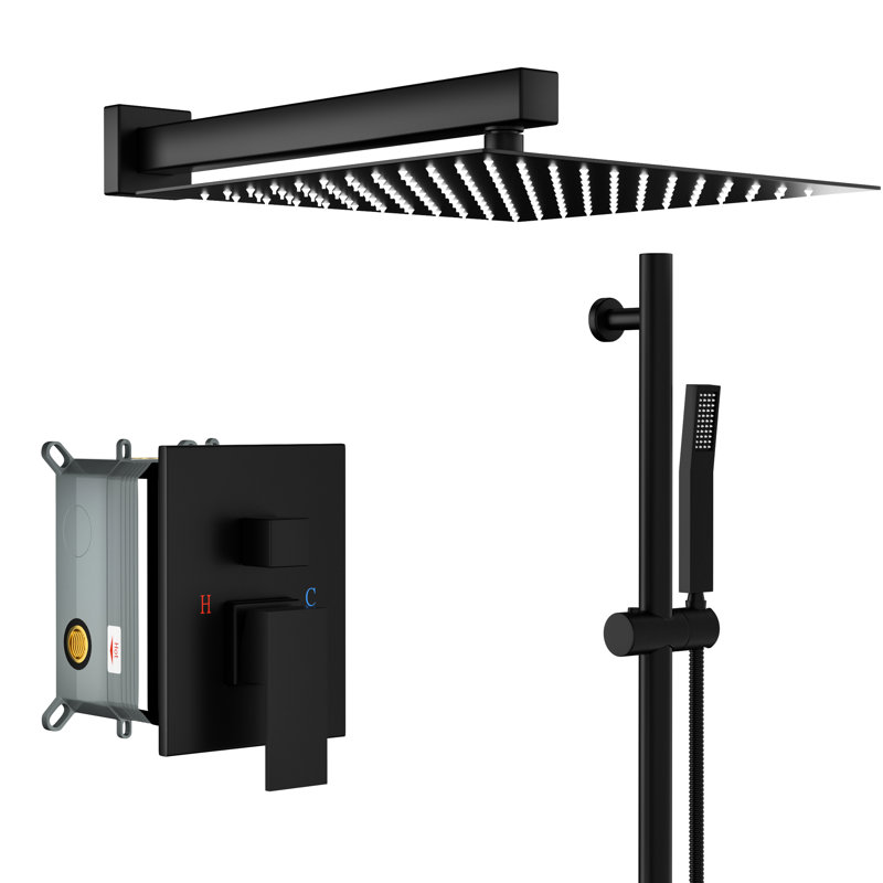 Wall Mounted Shower In Matte Black - 10 Inch Square With Adjustable Slide Bar, -Balanced Valve And Luring Contemporary