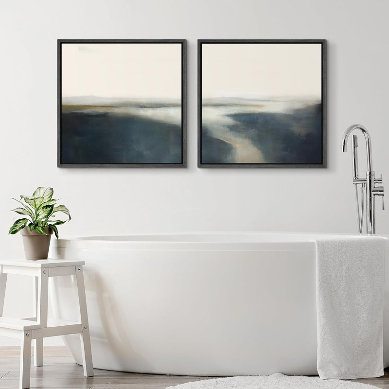 Ensemble de 2 paysages encadrés sur toile marine et gris marine, H 16 po x l 16 po, Black Floater Framed