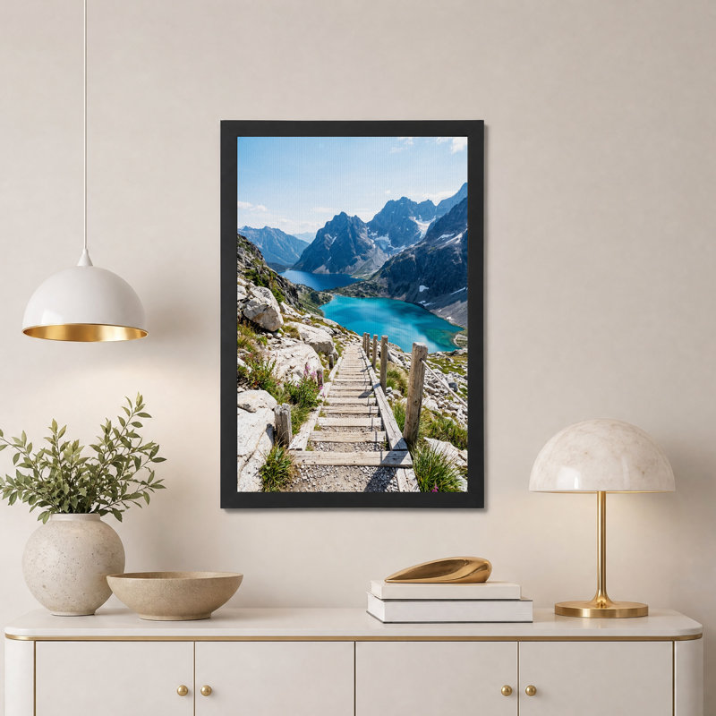 Art mural en bois, escalier en bois jusqu'au lac de montagne turquoise, H 24 po x l 16 po
