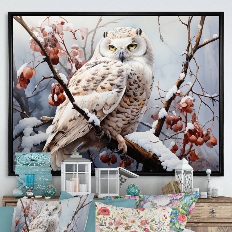 «Snowy Owl Winter III - Winter Landscape», reproduction sur toile encadrée, H 12 po x l 20 po x P 1 po, Cadre flottant noir