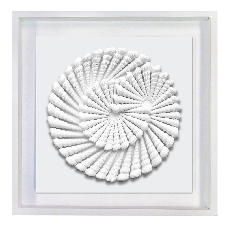 Finished Art-Swirl Shell Design in 20 x 20 Floating Shadow Box with Blue Background, Blue/White