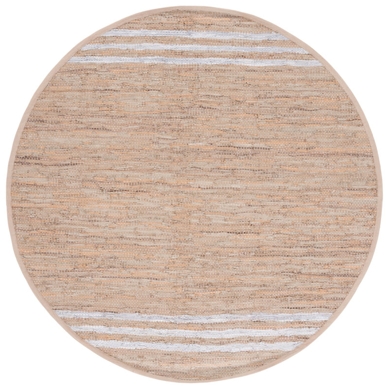 Riem Hand Woven Leather/Cotton/Jute Rug in White/Beige, Round 7'