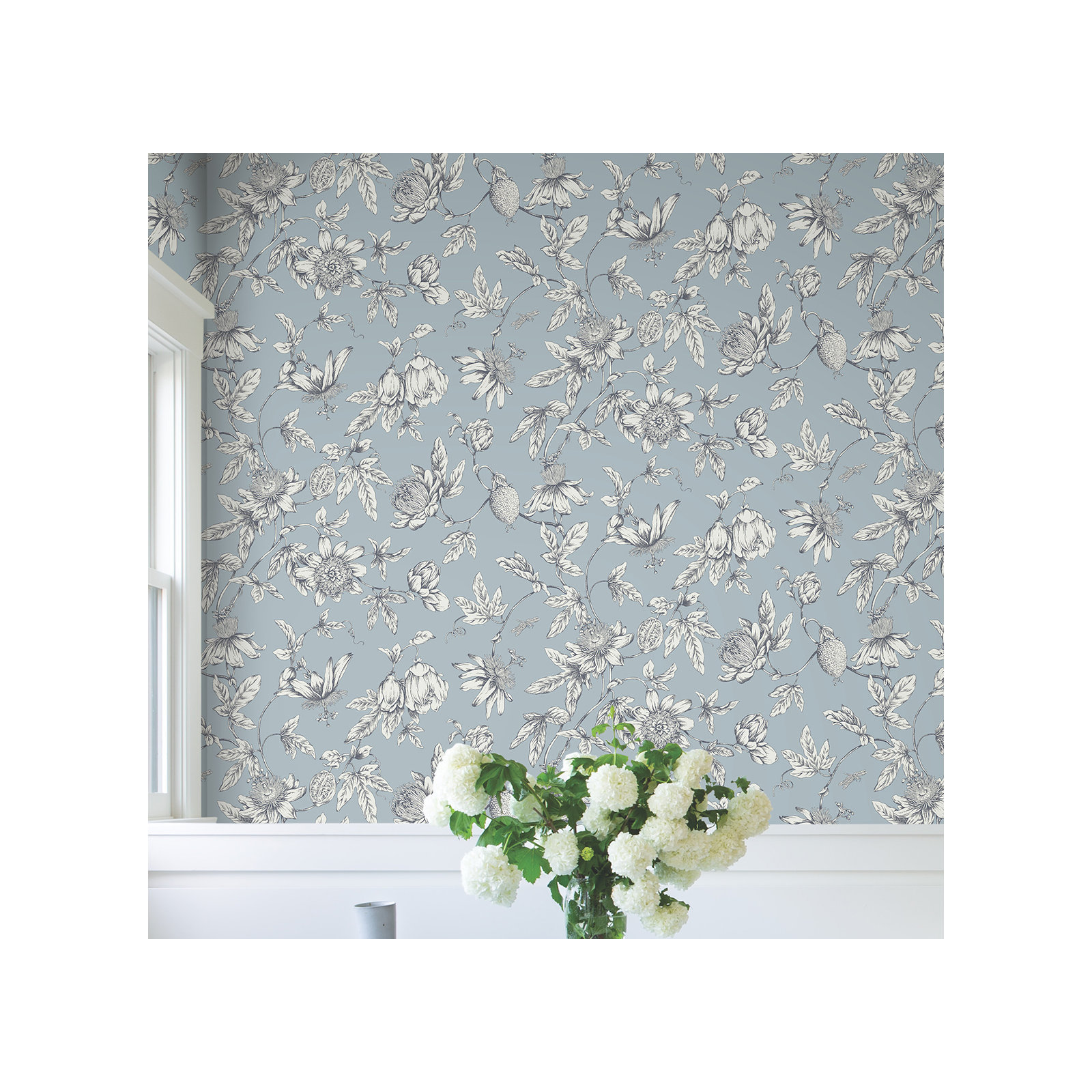 Passion Flower Toile Floral Wallpaper, Sky Blue