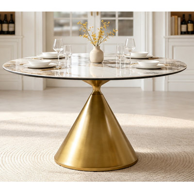 47" Modern Round Sintered Stone Dining Table , with Brushed Antique Brass Cone Pedestal Base