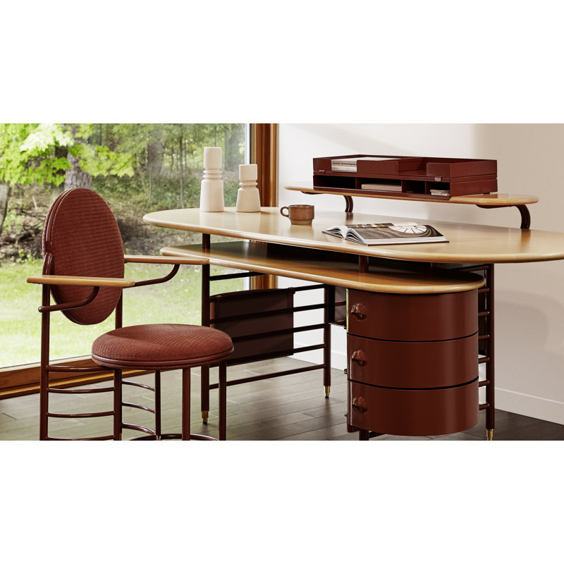Frank Lloyd Wright Racine Signature Guest Chair with Arms, Linen Beige 100% Polyester, Warm White