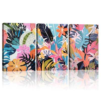 Encadrée 3 pièces, art mural floral tropical, impressions sur toile colorées avec plantes et fleurs tropicales, peinture botanique abstraite, décoration murale pour le salon, salle de bain, galerie, bureau 12 po x 16 po
