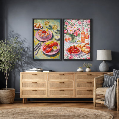 Illustration de table de fruits de mer et de rosé, images de salle à manger, impression sur toile encadrée, 2 pièces