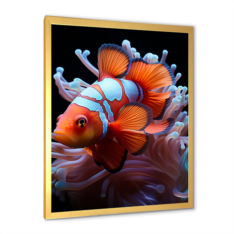 Portrait de poisson clown orange - Décoration murale plage et océan, Encadrement doré, H 20 po x l 12 po x P 1 po