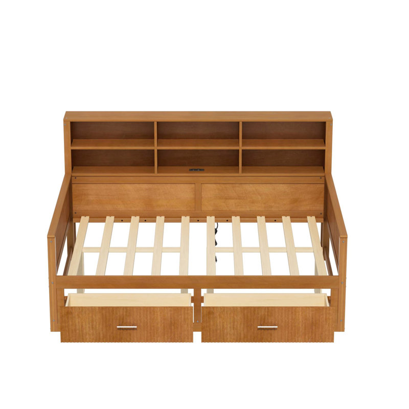 Structure de lit de jour en bois avec tête de lit bibliothèque et station de charge, Noyer