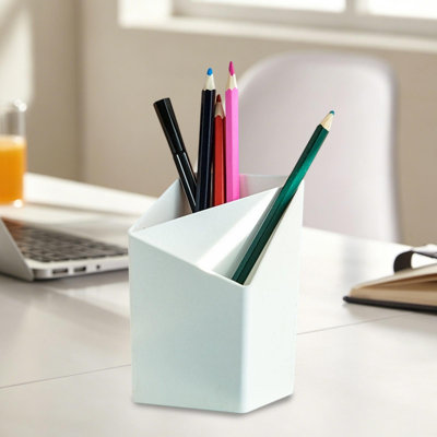 Clean Desk Pen Organizer 2 Compartment Plastic Storage Caddy For Office School And Home Supplies In White And Blue