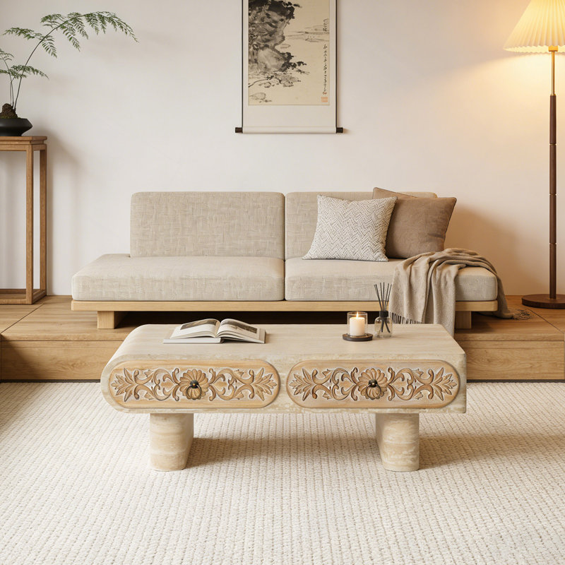 Table basse à bord arrondi avec tiroir en bois massif à motif floral, table basse de salon, bureau