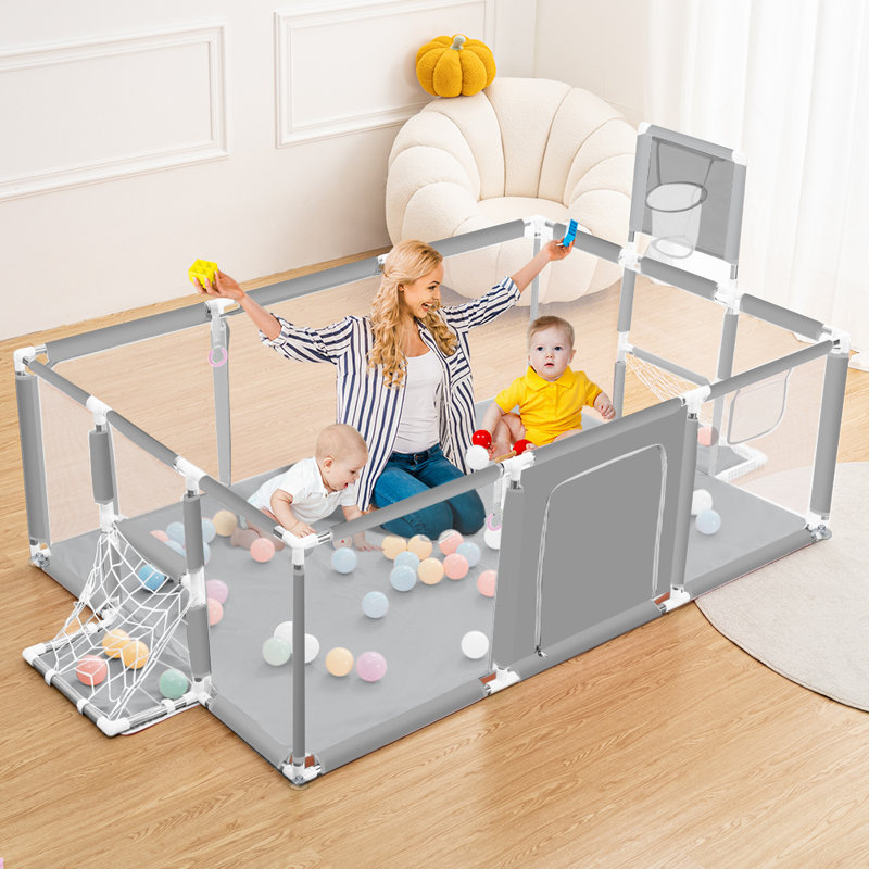 71"x48" Baby Playpen Sturdy Safety Play Yard Activity Center with Basketball Hoop and Football Net, Light Gray