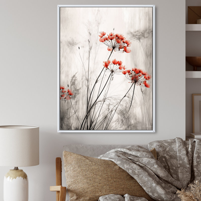 «Red Grey Herb Garden III», impressions sur toile florales, 40" H x 30" W, Cadre flottant blanc