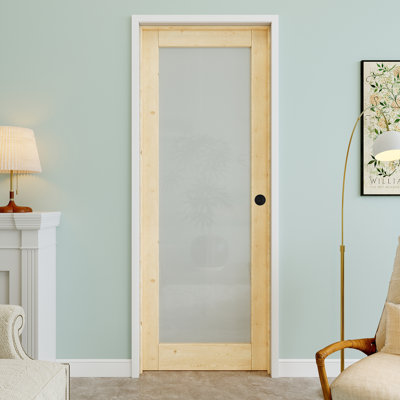30" x 80" 1-Lite Pine Wood & Frosted Glass Interior Prehung Door with Round Knob and Black Hinges, Privacy Glass Door Slab, Paintable & Waterproof, Suit for Laundry, Closet Doors, Room Doors, Left Hand