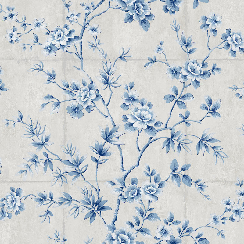 Rouleau de papier peint métallique/en feuille 27 pi x 27 po floral wall Artie, Bleu / Blanc / Gris Clair