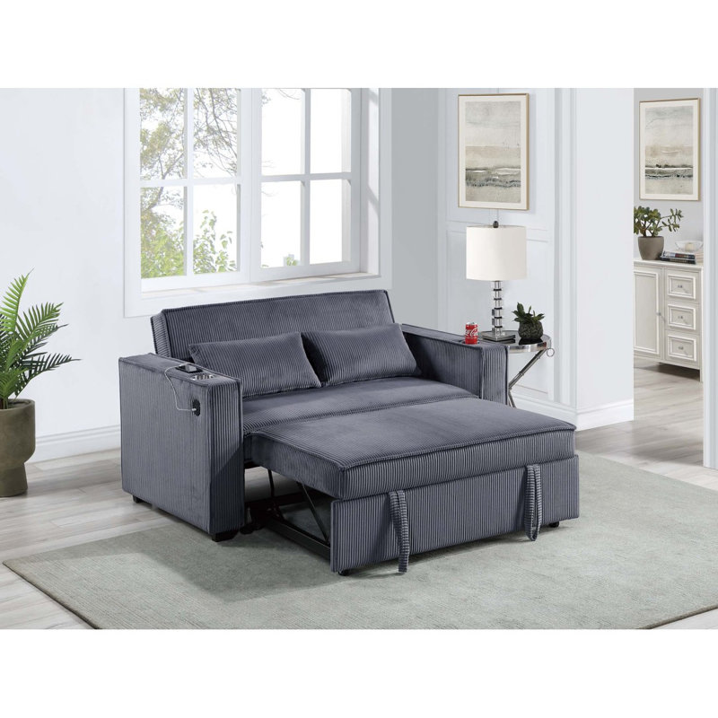 Canapé convertible 1 pièce en velours côtelé gris foncé avec porte-gobelet