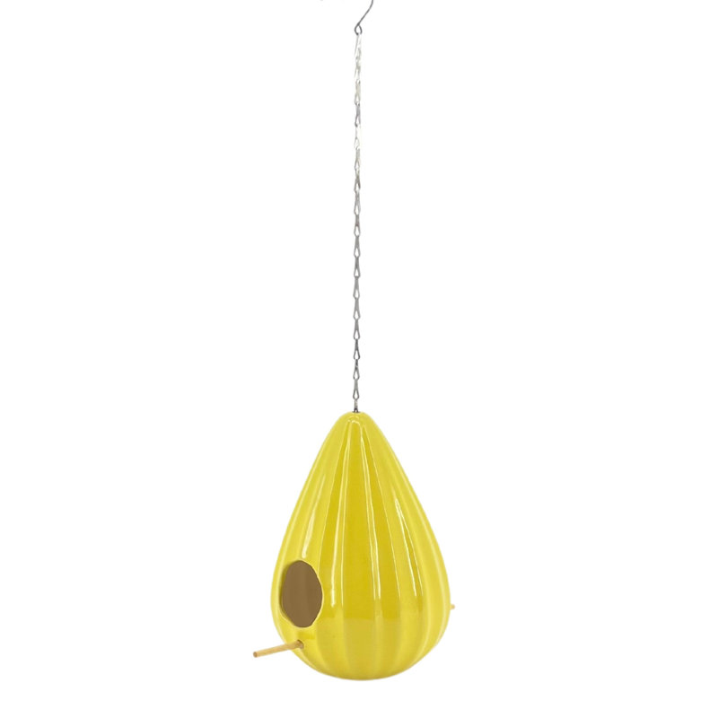 Yellow Ceramic Teardrop Ruffled Hanging Birdhouse