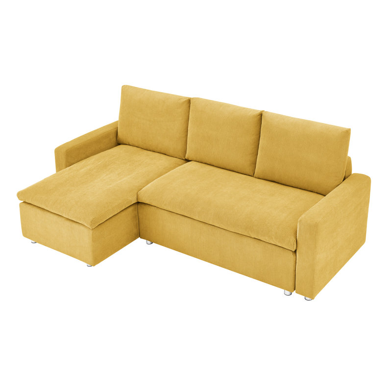 Lit convertible sans accoudoirs avec velours côtelé jaune et rangement caché, Jaune