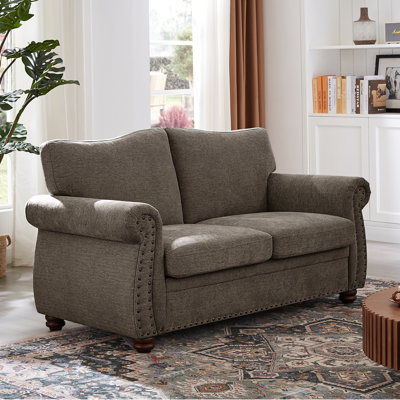66''  Rolled Arms Chenille Small Sofa Couch, Chesterfield Sofa With Nailhead For Living Room.